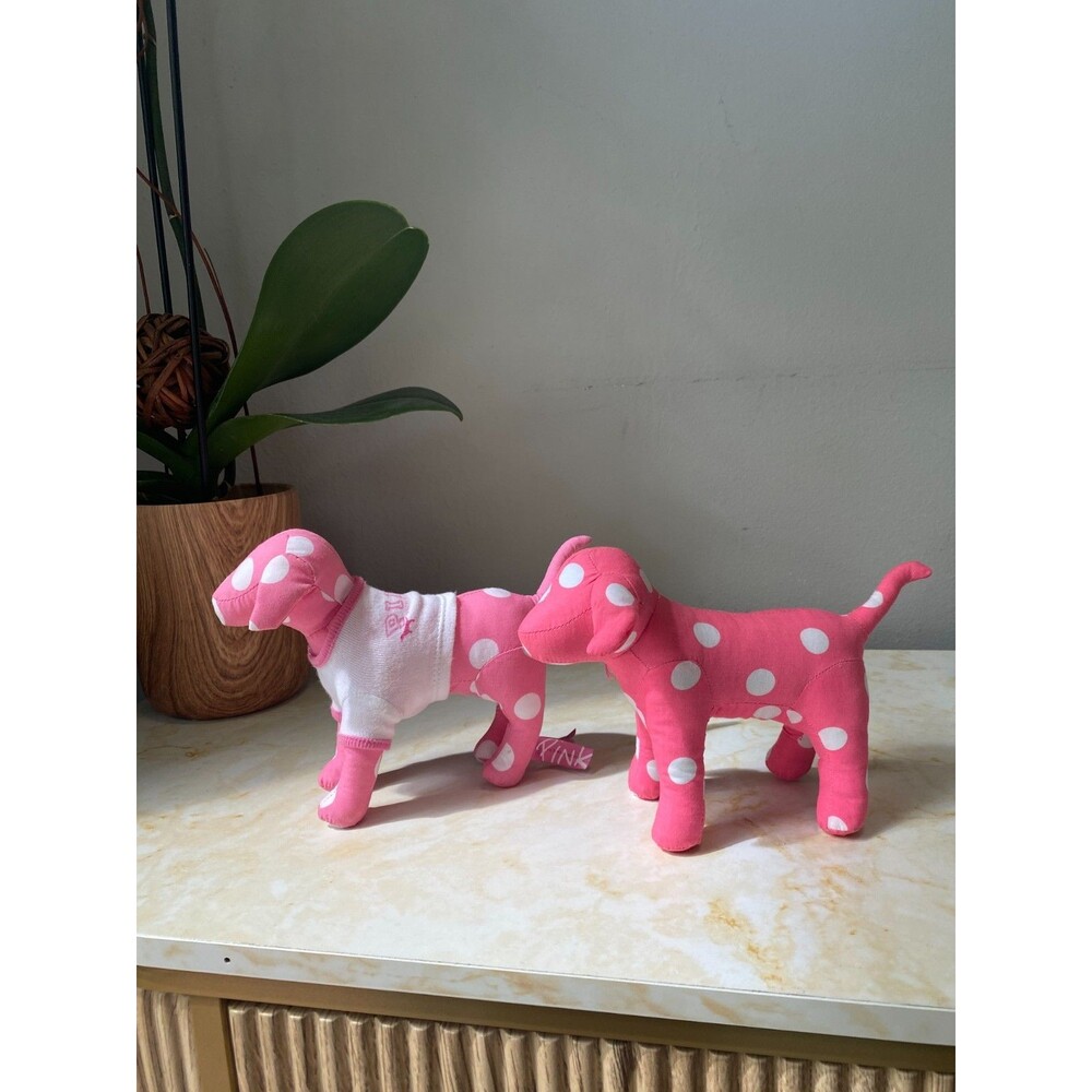 Rare Vintage 2 Victoria's Secret PINK Dog Plushes Pink, White Polka Dot w/ Tee